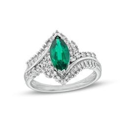 Marquise Lab-Created Emerald and White Lab-Created Sapphire Bypass Frame Double Row Split Shank Ring in Sterling Silver