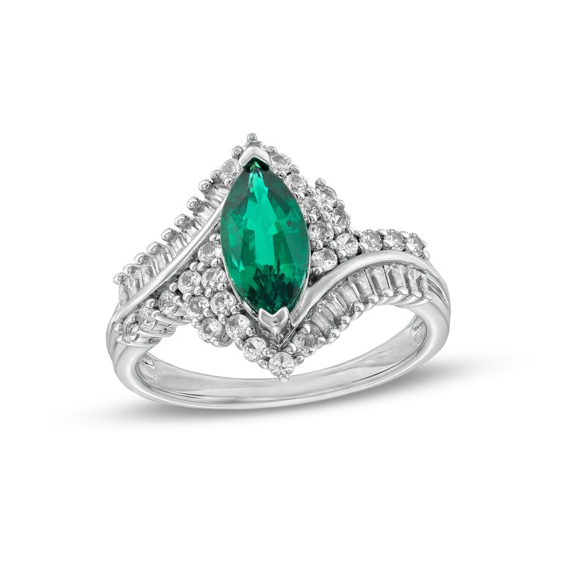 Main Image 1 of Marquise Lab-Created Emerald and White Lab-Created Sapphire Bypass Frame Double Row Split Shank Ring in Sterling Silver