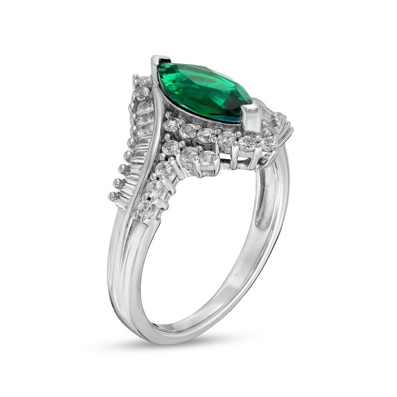 Main Image 2 of Marquise Lab-Created Emerald and White Lab-Created Sapphire Bypass Frame Double Row Split Shank Ring in Sterling Silver