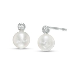 7.0mm Cultured Freshwater Pearl and White Lab-Created Sapphire Stud Earrings in Sterling Silver