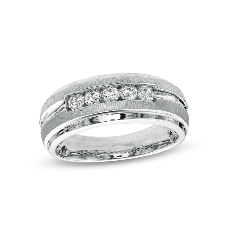 Main Image 1 of Men's 1/2 CT. T.W. Diamond Five Stone Beveled Edge Wedding Band in 10K White Gold