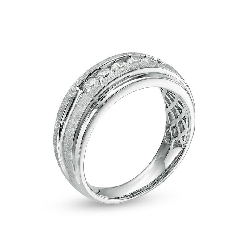 Main Image 2 of Men's 1/2 CT. T.W. Diamond Five Stone Beveled Edge Wedding Band in 10K White Gold