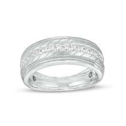 1/2 CT. T.W. Diamond Slant Grooved Vintage-Style Wedding Band in 10K White Gold - Size 10
