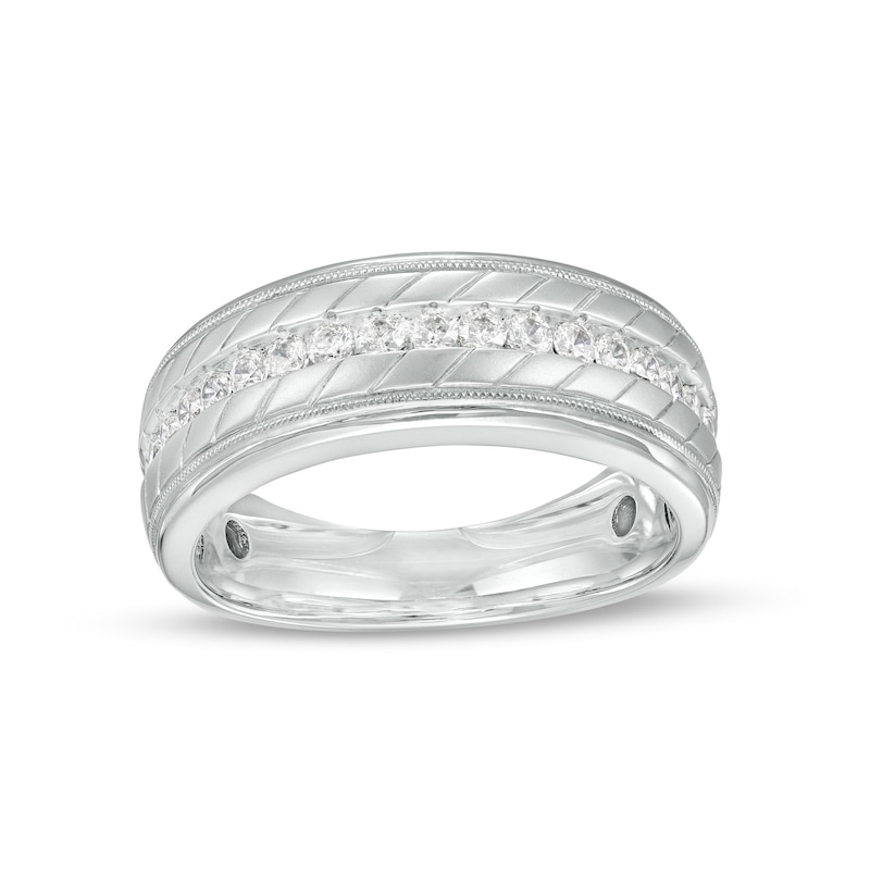 Main Image 1 of 1/2 CT. T.W. Diamond Slant Grooved Vintage-Style Wedding Band in 10K White Gold - Size 10