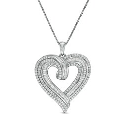 1 CT. T.W. Baguette and Round Diamond Triple Row Heart Pendant in Sterling Silver