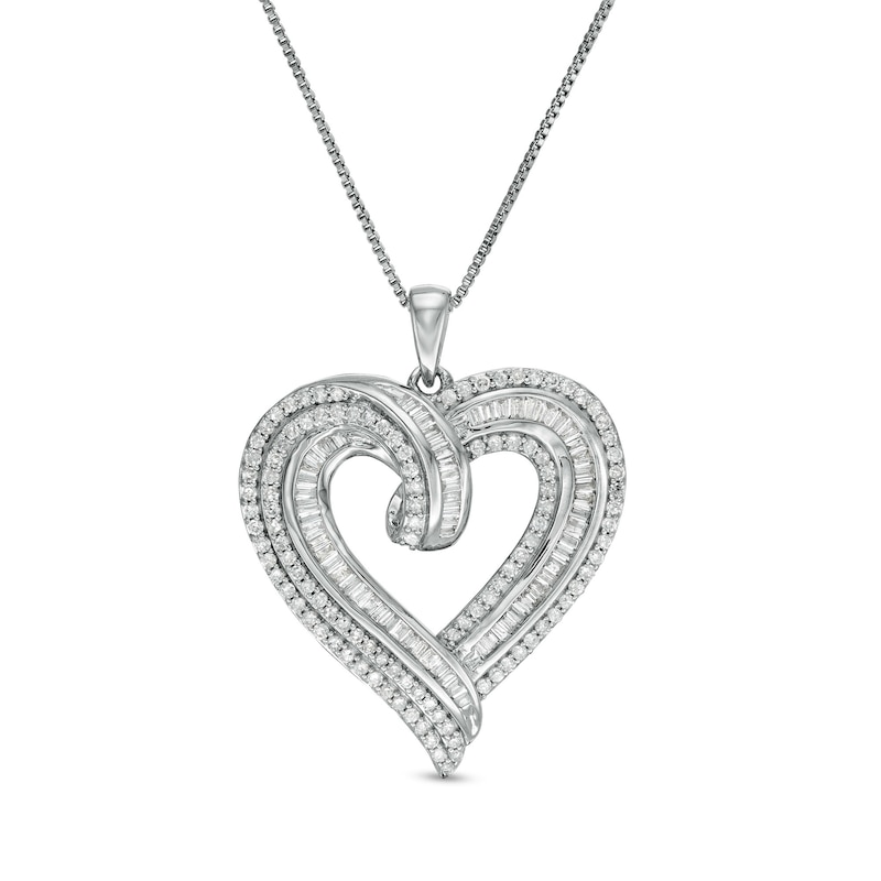 Main Image 1 of 1 CT. T.W. Baguette and Round Diamond Triple Row Heart Pendant in Sterling Silver