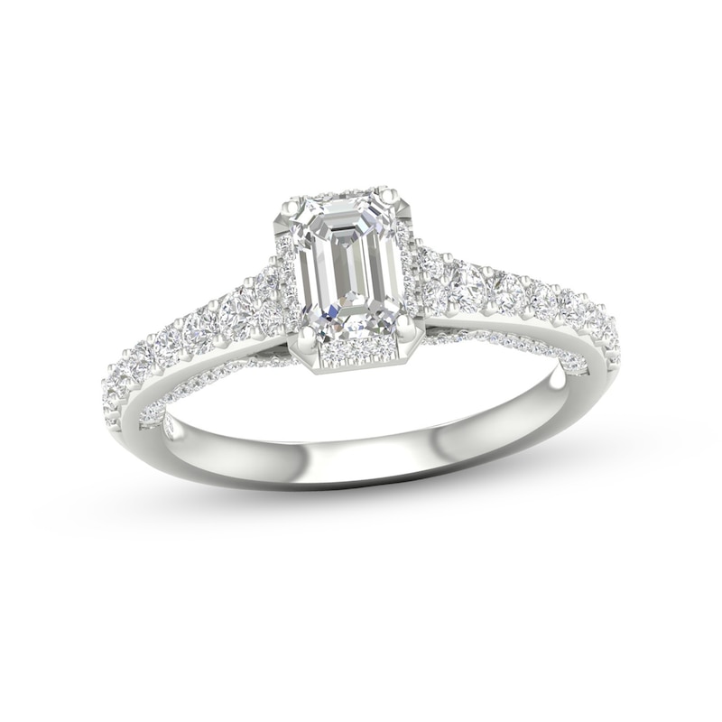 Main Image 1 of Trouvaille Collection 1-1/3 CT. T.W. DeBeers®-Graded Emerald-Cut Diamond Frame Engagement Ring in Platinum (F/SI2)