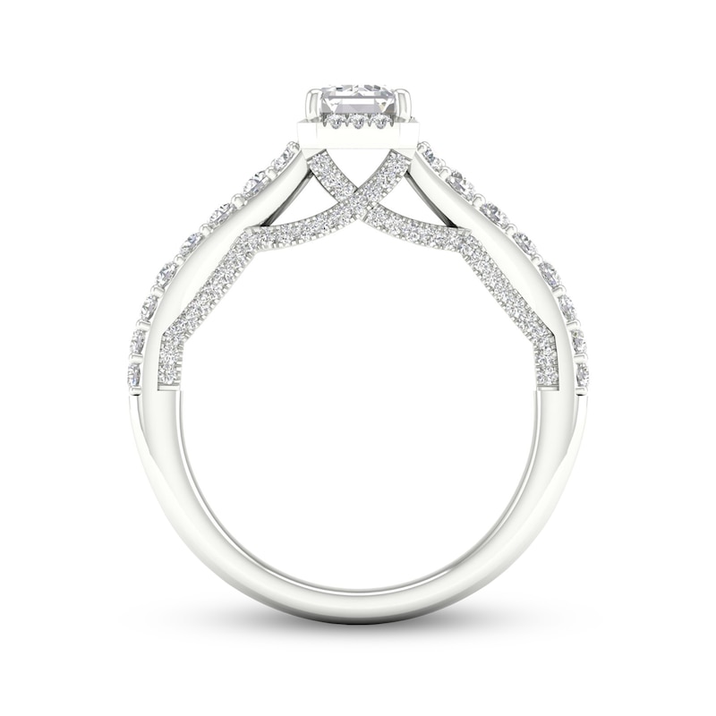 Trouvaille Collection 1-1/3 CT. T.W. DeBeers®-Graded Emerald-Cut Diamond Frame Engagement Ring in Platinum (F/SI2)