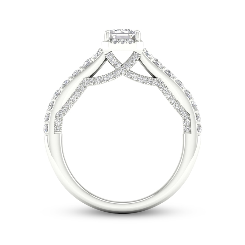 Main Image 4 of Trouvaille Collection 1-1/3 CT. T.W. DeBeers®-Graded Emerald-Cut Diamond Frame Engagement Ring in Platinum (F/SI2)