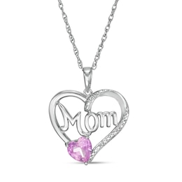 6.0mm Heart-Shaped Pink Lab-Created Sapphire and Diamond Accent Beaded &quot;MOM&quot; Heart Pendant in Sterling Silver