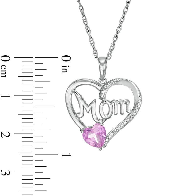 Main Image 2 of 6.0mm Heart-Shaped Pink Lab-Created Sapphire and Diamond Accent Beaded "MOM" Heart Pendant in Sterling Silver