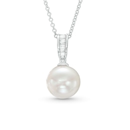 EFFY™ Collection 10.0mm Freshwater Cultured Pearl and 1/15 CT. T.W. Baguette Diamond Drop Pendant in 14K White Gold