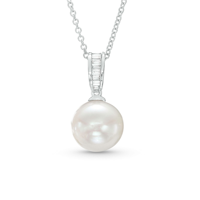 Main Image 1 of EFFY™ Collection 10.0mm Freshwater Cultured Pearl and 1/15 CT. T.W. Baguette Diamond Drop Pendant in 14K White Gold