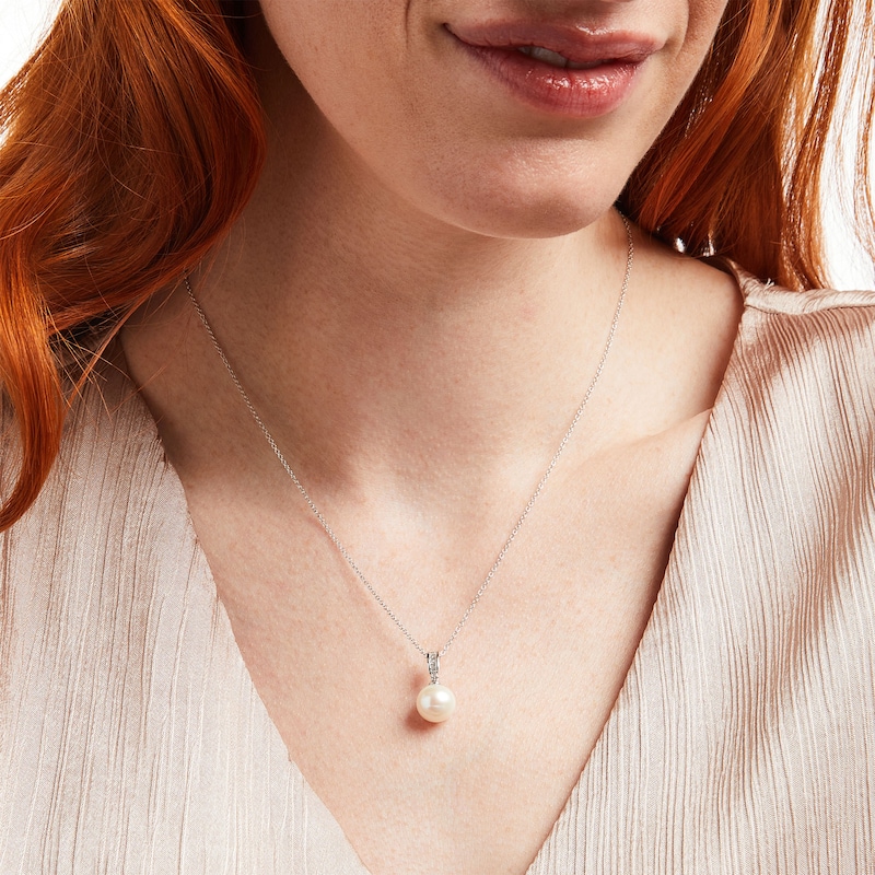 Main Image 2 of EFFY™ Collection 10.0mm Freshwater Cultured Pearl and 1/15 CT. T.W. Baguette Diamond Drop Pendant in 14K White Gold
