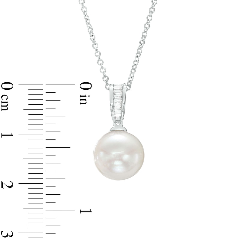 Main Image 3 of EFFY™ Collection 10.0mm Freshwater Cultured Pearl and 1/15 CT. T.W. Baguette Diamond Drop Pendant in 14K White Gold