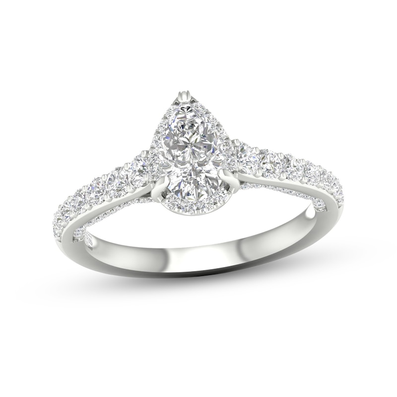 Main Image 1 of Trouvaille Collection 1-3/8 CT. T.W. DeBeers®-Graded Pear-Shaped Diamond Frame Engagement Ring in Platinum (F/SI2)