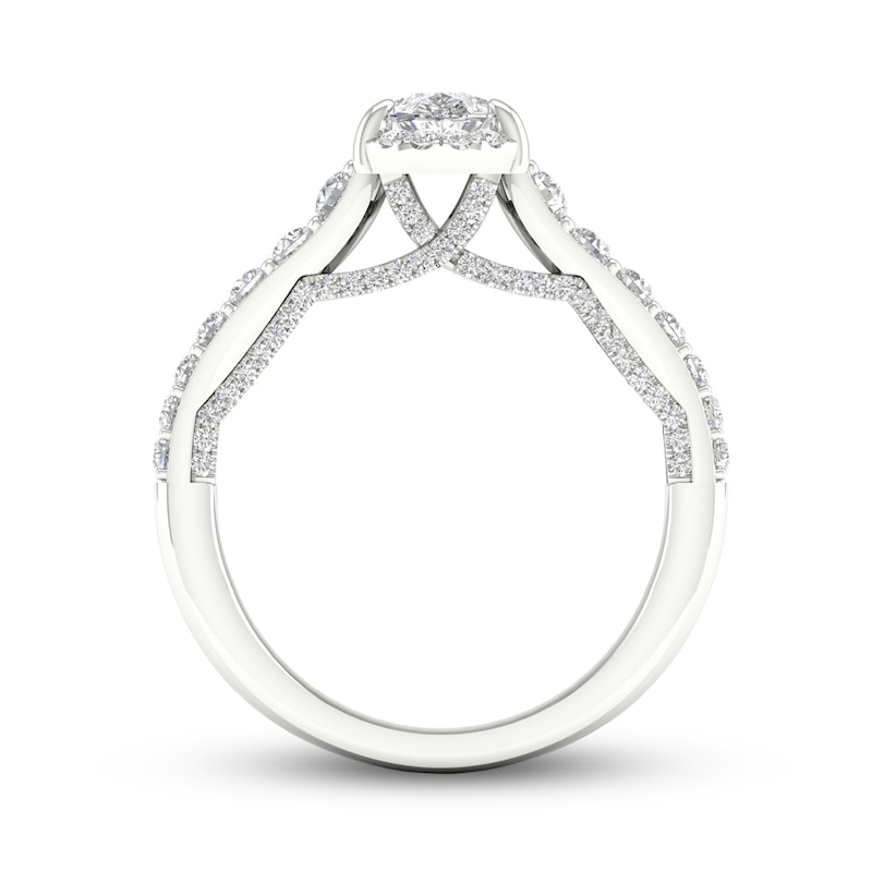 Main Image 4 of Trouvaille Collection 1-3/8 CT. T.W. DeBeers®-Graded Pear-Shaped Diamond Frame Engagement Ring in Platinum (F/SI2)