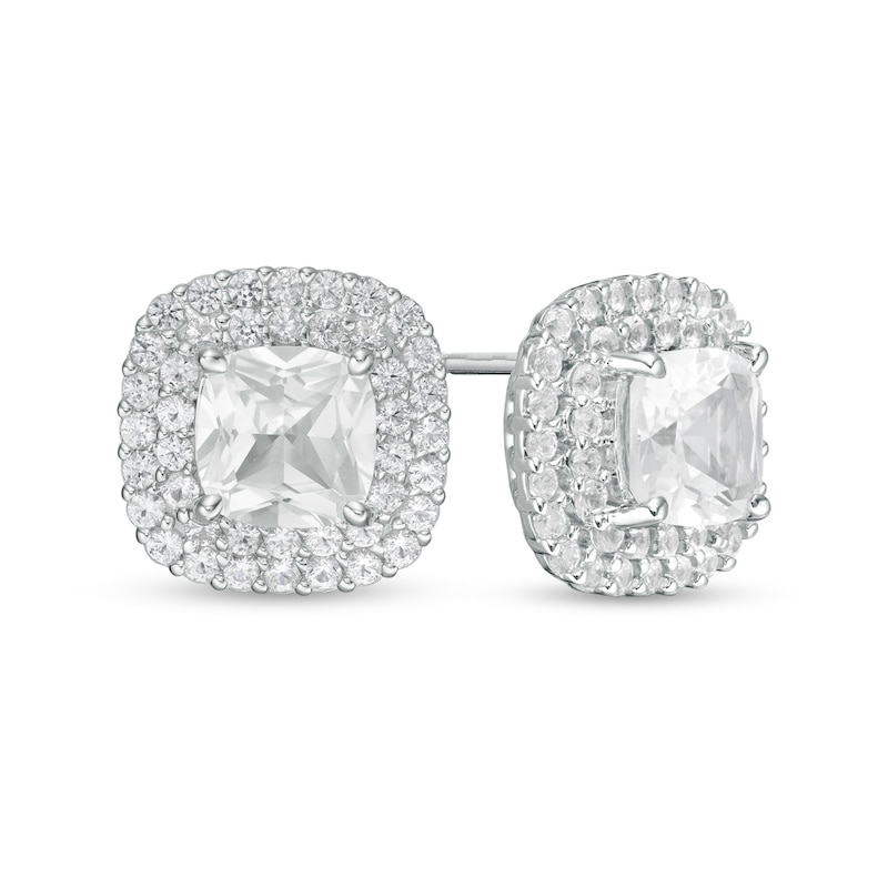 Main Image 1 of 6.0mm Cushion-Cut Lab-Created White Sapphire Double Frame Stud Earrings in Sterling Silver