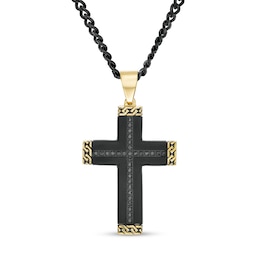 Men's 1/4 CT. T.W. Black Diamond and Chain Link Cross Pendant in Stainless Steel and Two-Tone IP - 24"