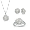 Thumbnail Image 1 of Button Freshwater Cultured Pearl and White Lab-Created Sapphire Frame Pendant, Earrings and Ring Set in Sterling Silver