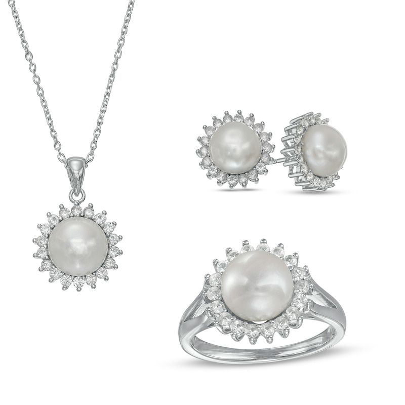 Button Cultured Freshwater Pearl and White Lab-Created Sapphire Frame Pendant, Earrings and Ring Set in Sterling Silver