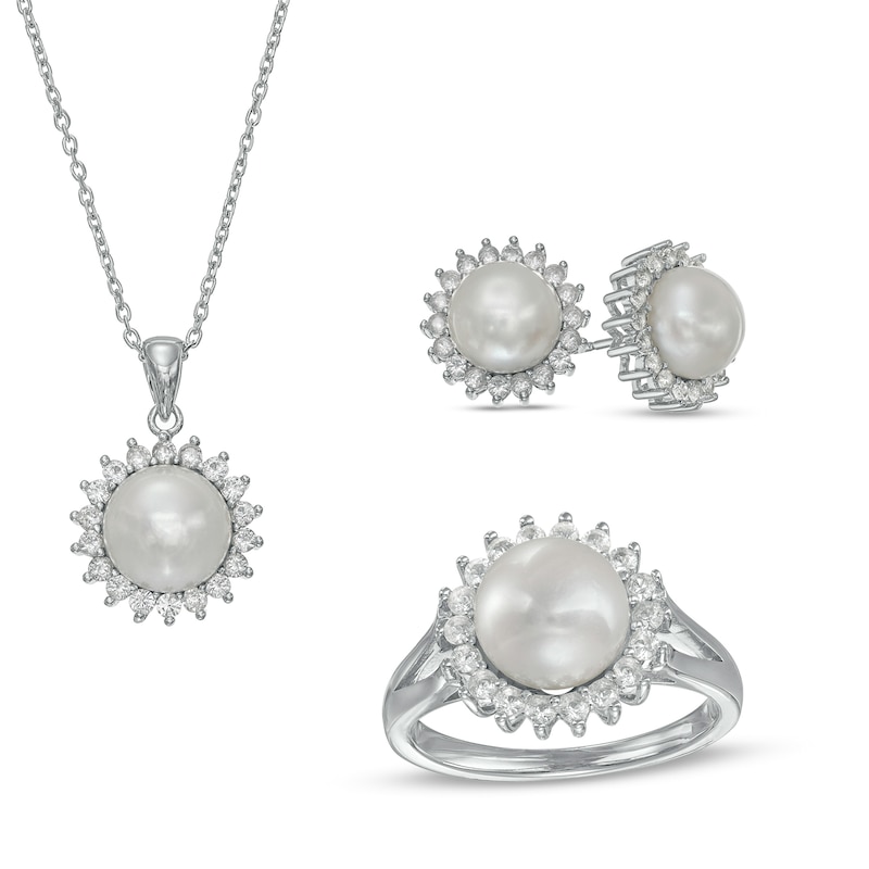 Main Image 1 of Button Freshwater Cultured Pearl and White Lab-Created Sapphire Frame Pendant, Earrings and Ring Set in Sterling Silver