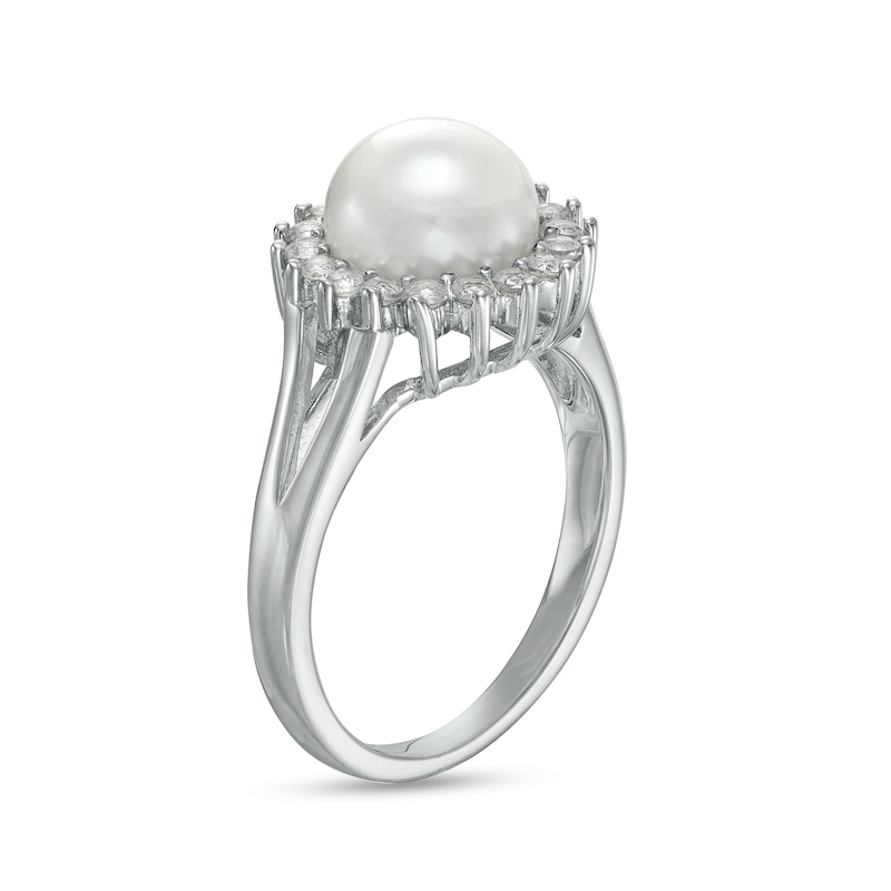 Main Image 3 of Button Freshwater Cultured Pearl and White Lab-Created Sapphire Frame Pendant, Earrings and Ring Set in Sterling Silver