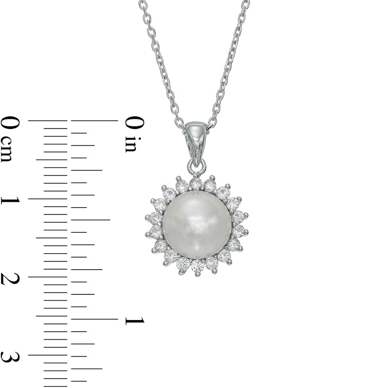 Main Image 4 of Button Freshwater Cultured Pearl and White Lab-Created Sapphire Frame Pendant, Earrings and Ring Set in Sterling Silver