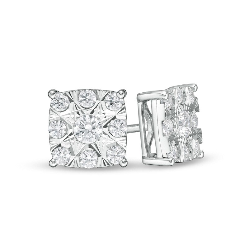 Main Image 1 of 1/2 CT. T.W. Cushion-Shaped Multi-Diamond Stud Earrings in 10K White Gold