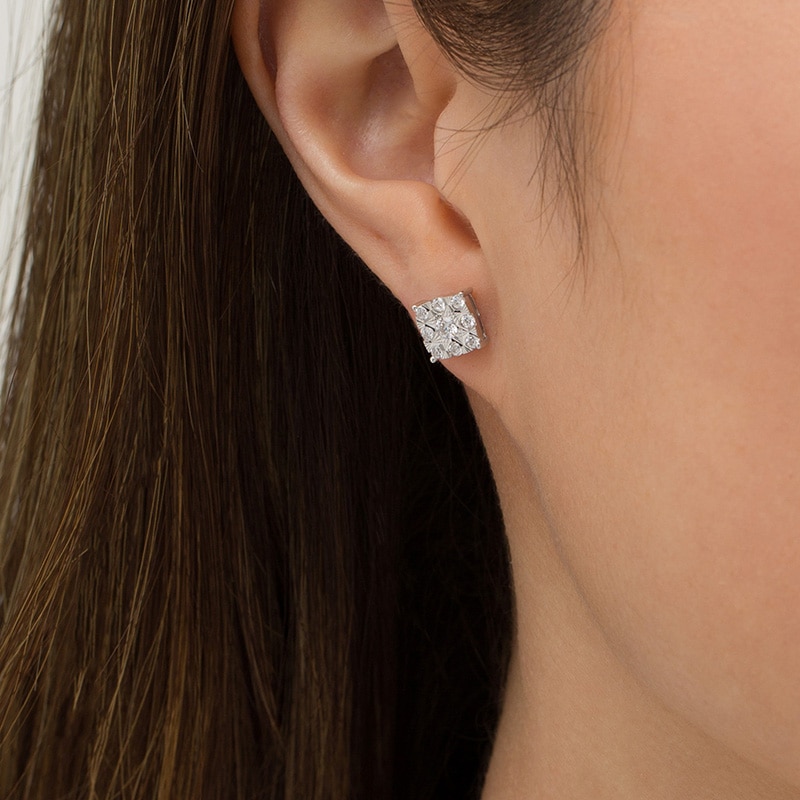 Main Image 2 of 1/2 CT. T.W. Cushion-Shaped Multi-Diamond Stud Earrings in 10K White Gold