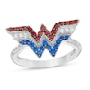 Thumbnail Image 0 of Wonder Woman™ Collection Garnet, Blue Sapphire and 1/15 CT. T.W. Diamond Symbol Ring in Sterling Silver