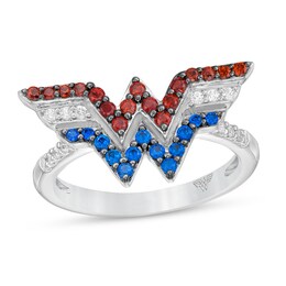 Wonder Woman™ Collection Garnet, Blue Sapphire and 1/15 CT. T.W. Diamond Symbol Ring in Sterling Silver