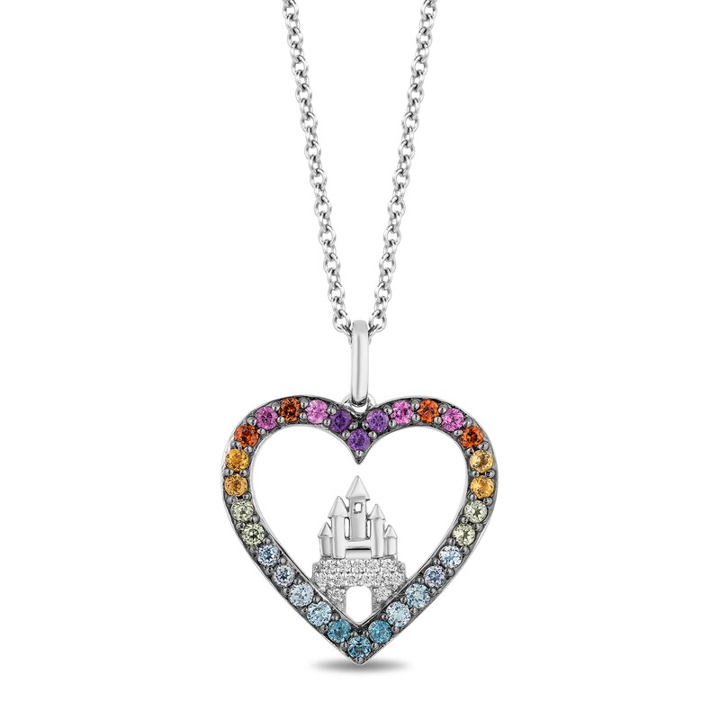 Main Image 1 of Enchanted Disney Ultimate Princess Celebration Multi-Gemstone and 1/20 CT. T.W. Diamond Heart Pendant in Sterling Silver