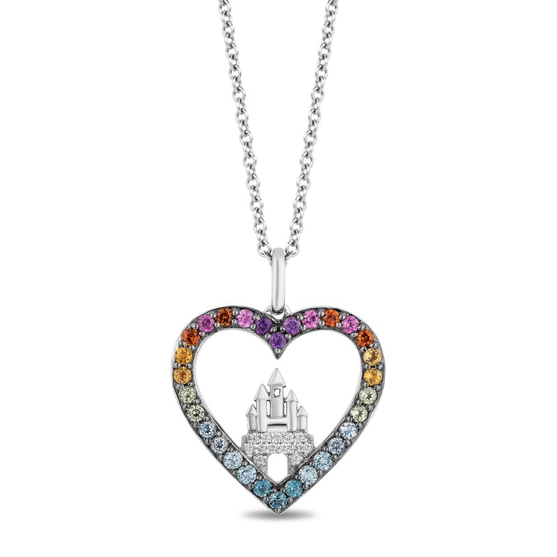 Enchanted Disney Ultimate Princess Celebration Multi-Gemstone and 1/20 CT. T.W. Diamond Heart Pendant in Sterling Silver