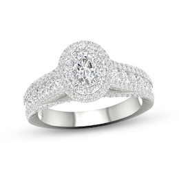 Trouvaille Collection 1-1/2 CT. T.W. DeBeers®-Graded Oval Diamond Frame Multi-Row Engagement Ring in Platinum (F/SI2)