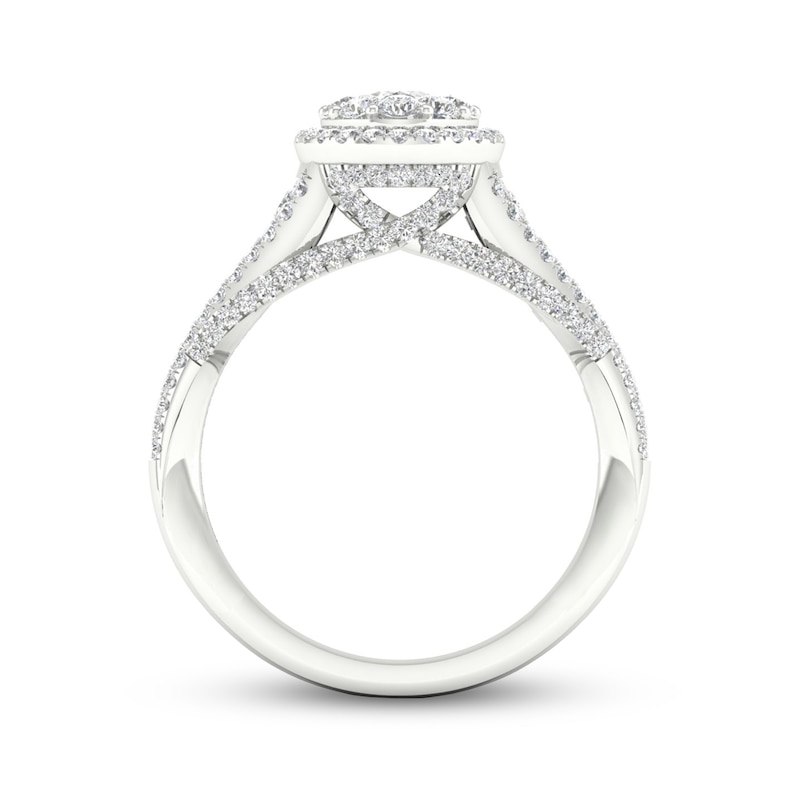 Main Image 4 of Trouvaille Collection 1-1/2 CT. T.W. DeBeers®-Graded Oval Diamond Frame Multi-Row Engagement Ring in Platinum (F/SI2)