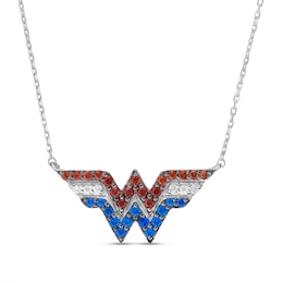 Wonder Woman™ Collection Garnet, Blue Sapphire and 1/20 Diamond CT. T.W. Symbol Necklace in Sterling Silver - 18&quot;
