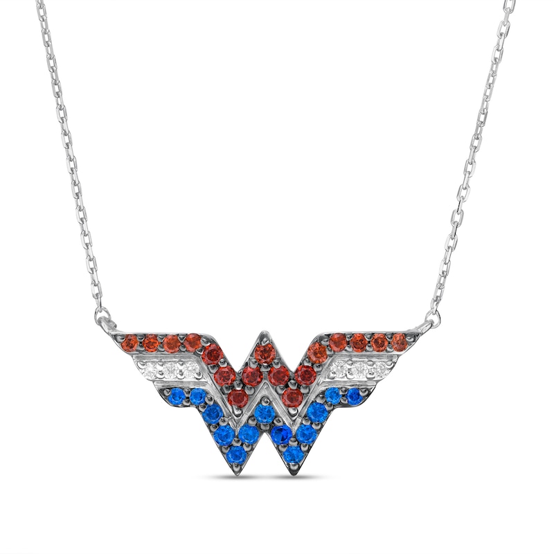 Wonder Woman™ Collection Garnet, Blue Sapphire and 1/20 Diamond CT. T.W. Symbol Necklace in Sterling Silver - 18"
