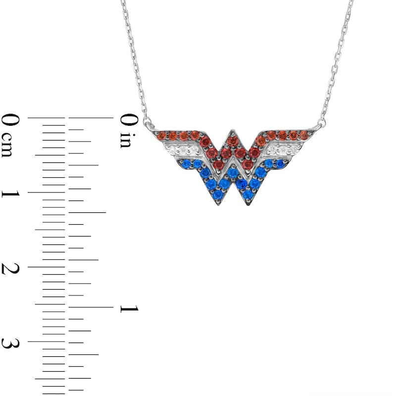 Wonder Woman™ Collection Garnet, Blue Sapphire and 1/20 Diamond CT. T.W. Symbol Necklace in Sterling Silver - 18"