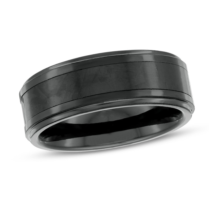 Men's 8.0mm Triple Row Stepped Edge Comfort-Fit Wedding Band in Tantalum with Black IP and Carbon Fiber Inlay - Size 10
