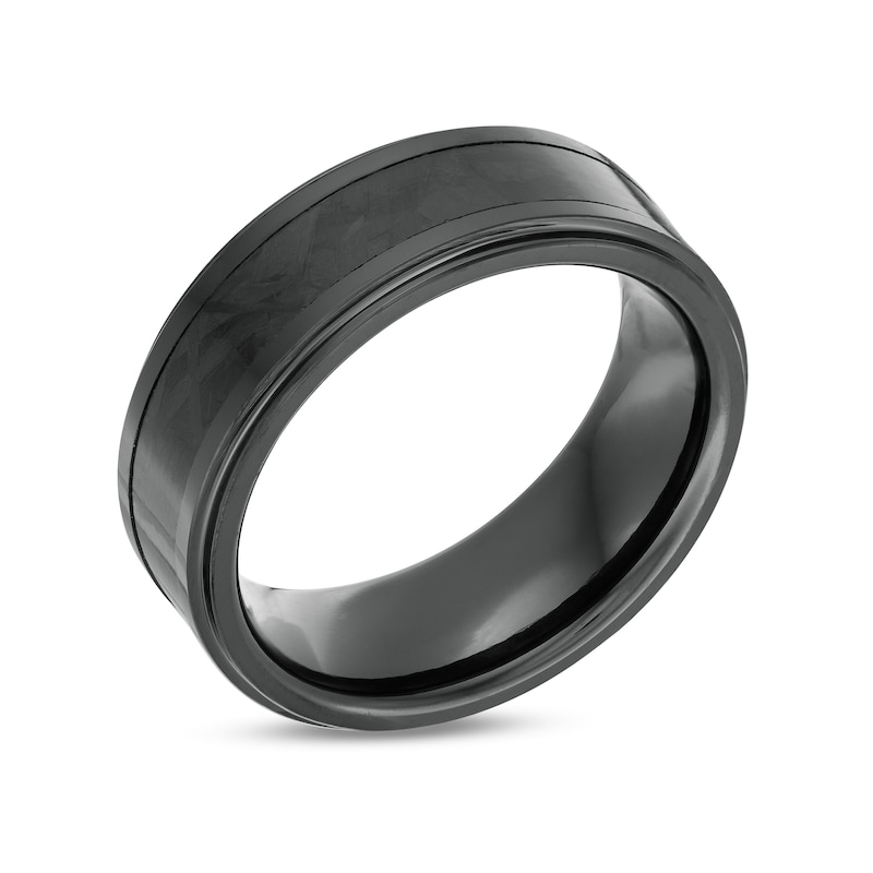 Men's 8.0mm Triple Row Stepped Edge Comfort-Fit Wedding Band in Tantalum with Black IP and Carbon Fiber Inlay - Size 10