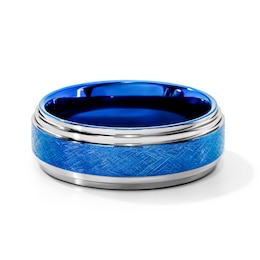 8.0mm Stepped Edge Comfort-Fit Wedding Band in Tungsten with Blue Ion Plate