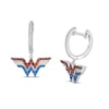 Thumbnail Image 1 of Wonder Woman™ Collection Garnet, Blue Sapphire and 1/20 CT. T.W. Diamond Symbol Drop Earrings in Sterling Silver
