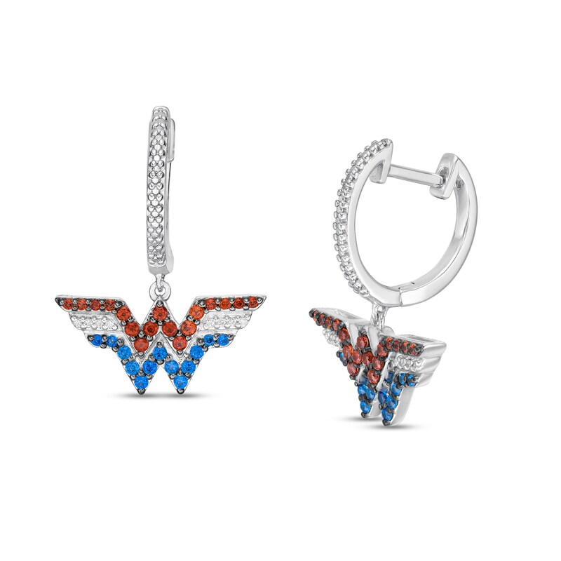 Main Image 1 of Wonder Woman™ Collection Garnet, Blue Sapphire and 1/20 CT. T.W. Diamond Symbol Drop Earrings in Sterling Silver