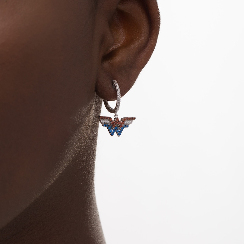 Main Image 2 of Wonder Woman™ Collection Garnet, Blue Sapphire and 1/20 CT. T.W. Diamond Symbol Drop Earrings in Sterling Silver