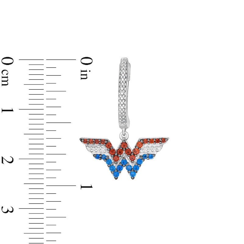Main Image 3 of Wonder Woman™ Collection Garnet, Blue Sapphire and 1/20 CT. T.W. Diamond Symbol Drop Earrings in Sterling Silver