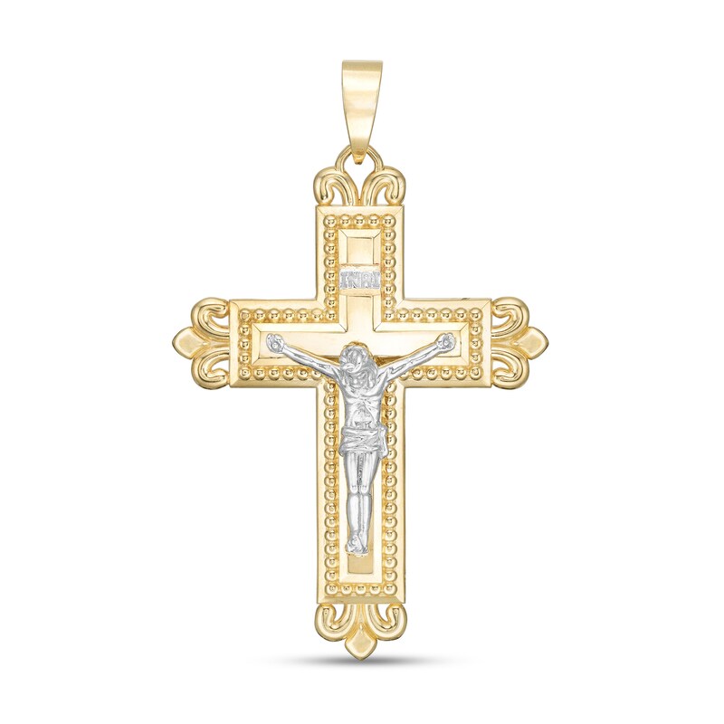 Main Image 1 of Men's Multi-Finished Fleur-de-Lis Crucifix Necklace Charm in 10K Two-Tone Gold
