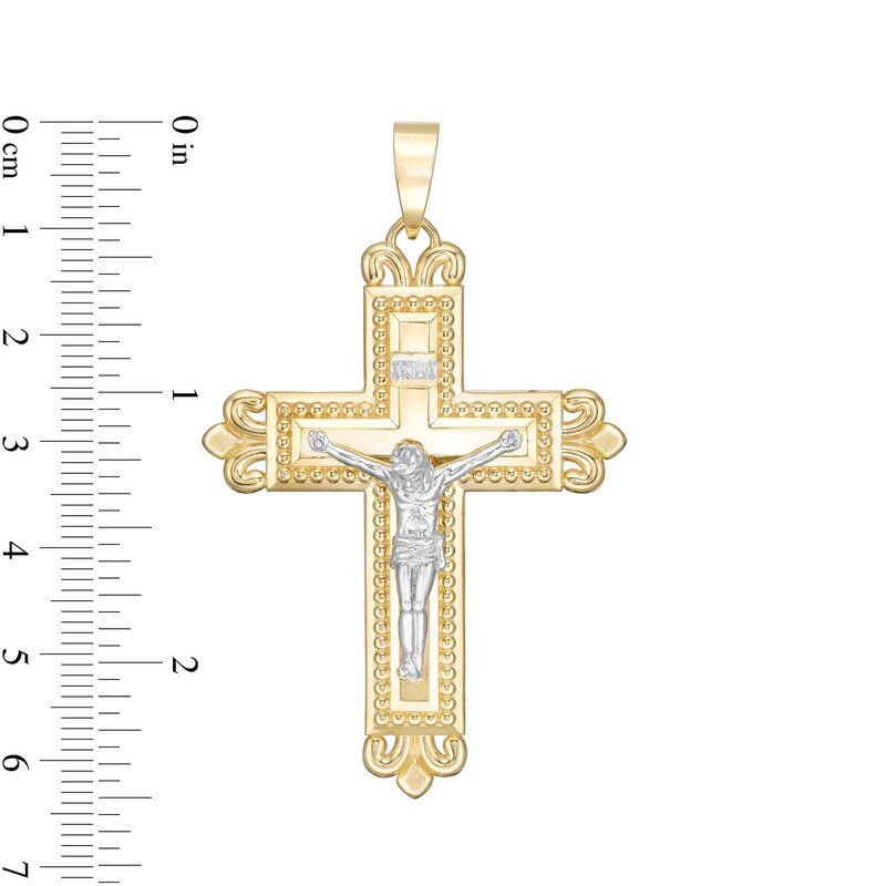 Main Image 2 of Men's Multi-Finished Fleur-de-Lis Crucifix Necklace Charm in 10K Two-Tone Gold