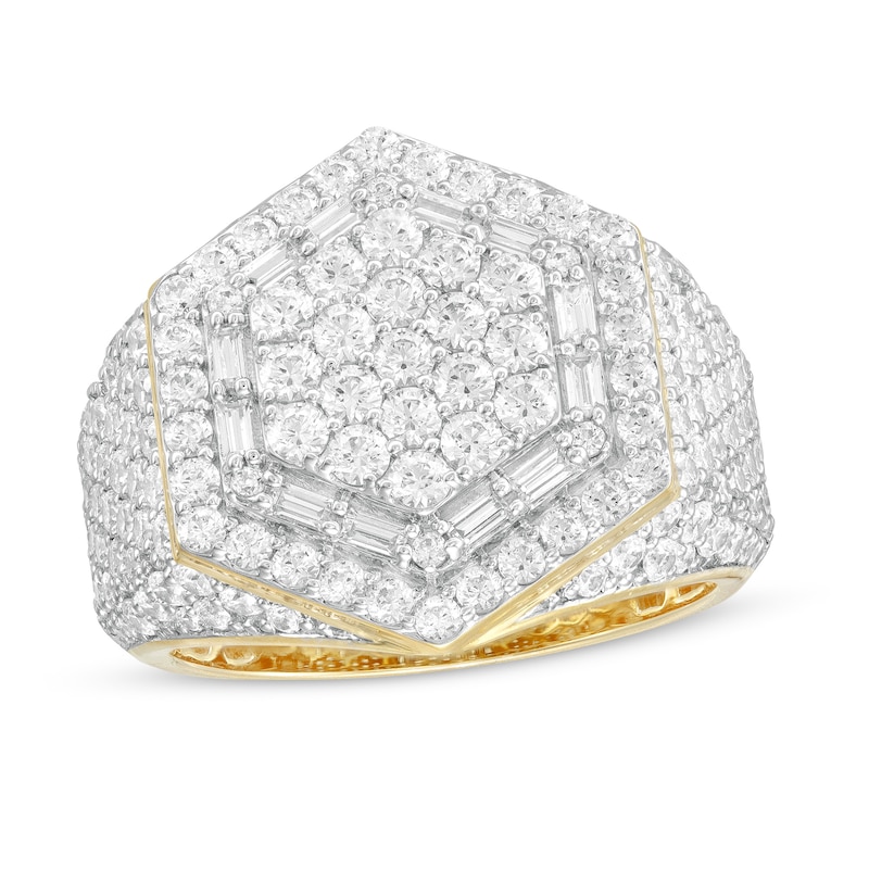 Main Image 1 of Men's 3-7/8 CT. T.W. Baguette and Round Composite Diamond Hexagonal Frame Multi-Row Geometric Ring in 10K White Gold