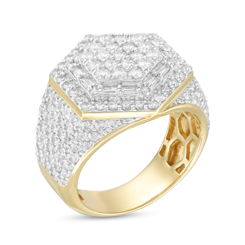 Main Image 3 of Men's 3-7/8 CT. T.W. Baguette and Round Composite Diamond Hexagonal Frame Multi-Row Geometric Ring in 10K White Gold